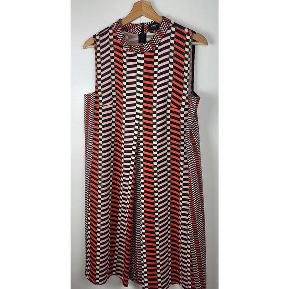 MARELLA Stripe Pleated A-Line Geometric Print Shift Silky Dress Black Orange | 8 - Picture 13 of 16